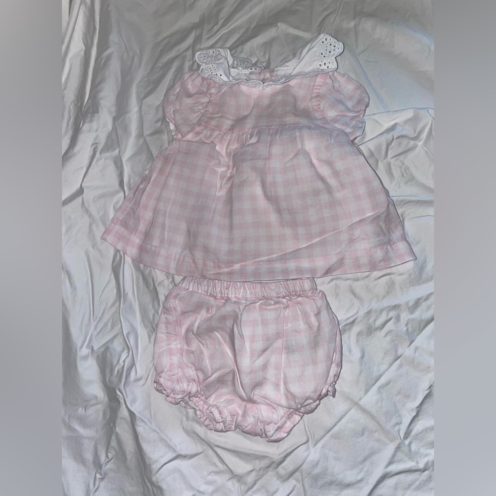 Janie & Jack 0-3 Month pink & white gingham baby dress w bloomers